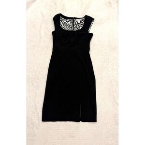 White House Black Market Black Sheath Dress Leopard Satin Lining Size 2 Slit
